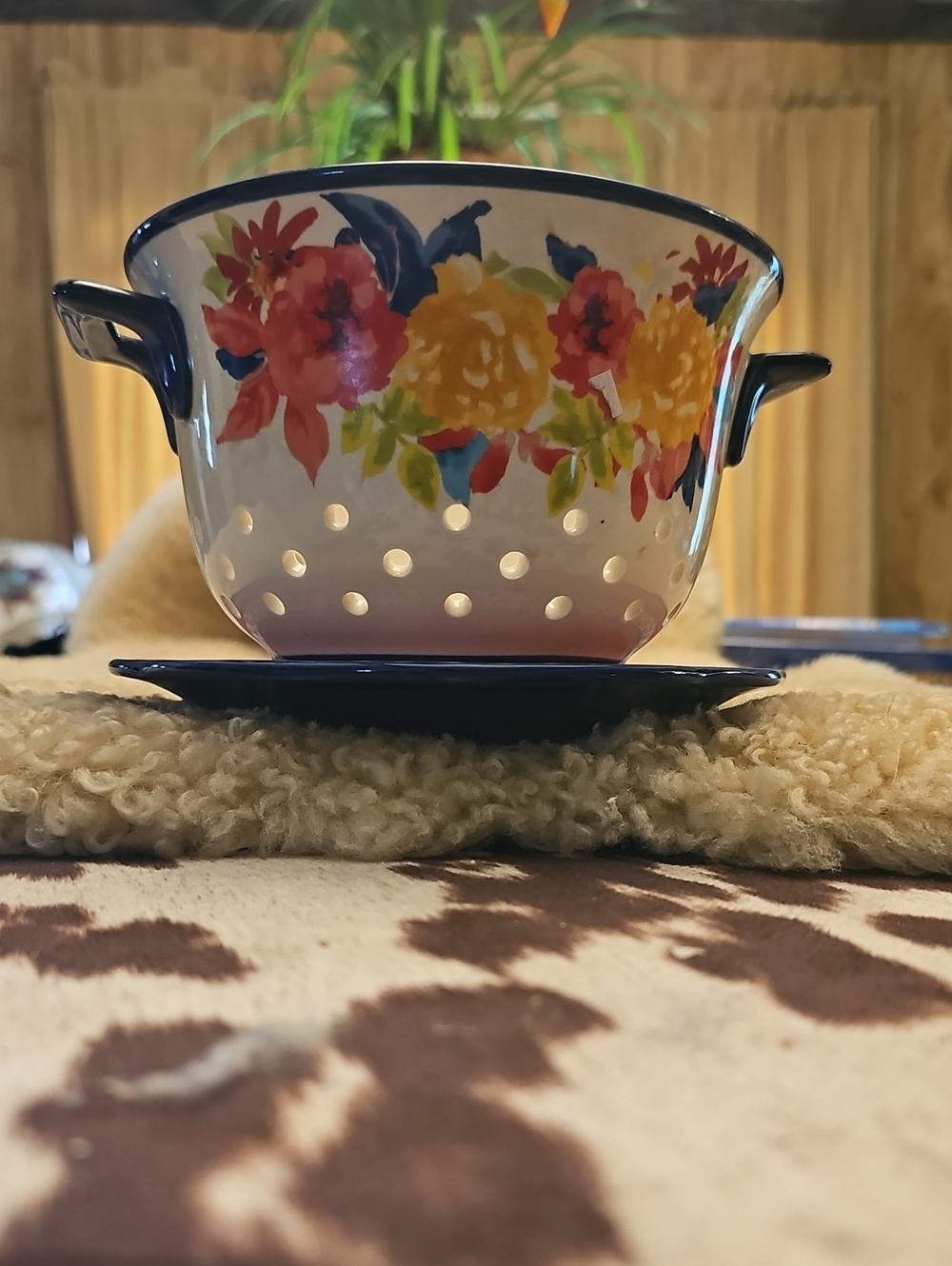Ceramic Floral Colander with Matching Drip Tray - Multicolor